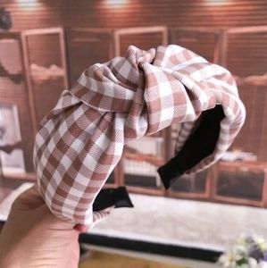 Gingham Plaid Topknot Headband - Mauve & White